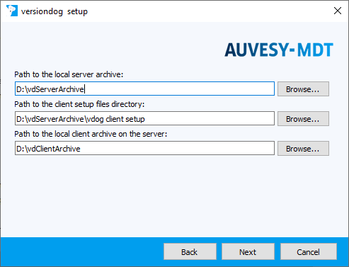 Figure: Installation wizard, specifying paths for server and client archives