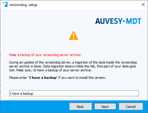 Figure: Installation wizard, note on backup of the server archive