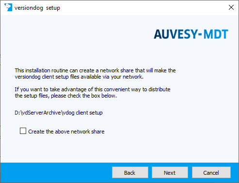 Figure: Installation wizard, creating a network share