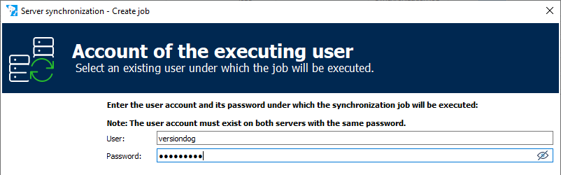 Figure: Server synchronization dialog, Account of the executing user page