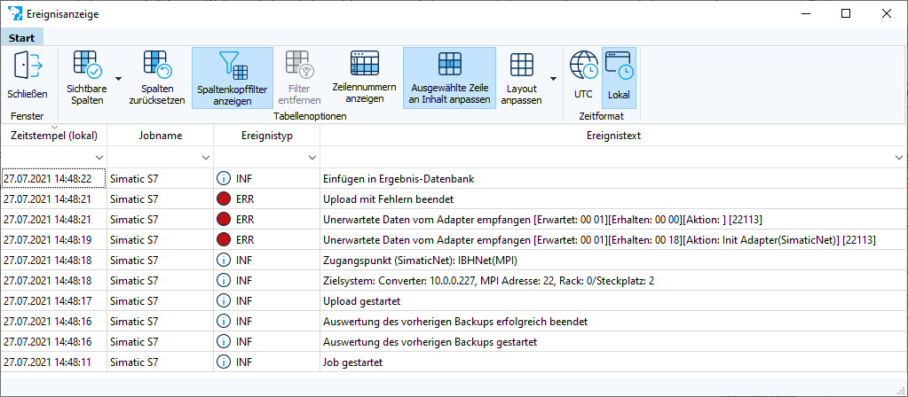 Figure: Module event log, connection via port not possible