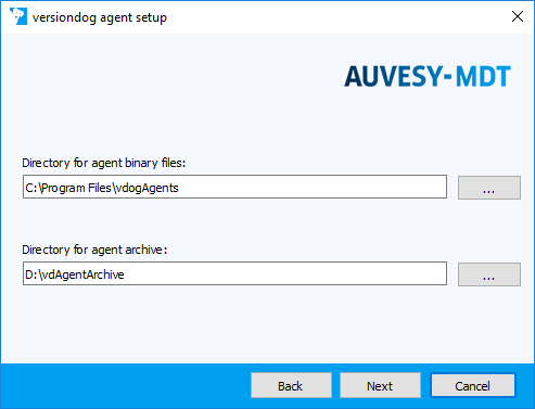 Figure: Installation wizard, specifying paths for program files and AgentArchive