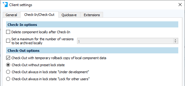Figure: Client settings dialog, Check-In / Check-Out tab