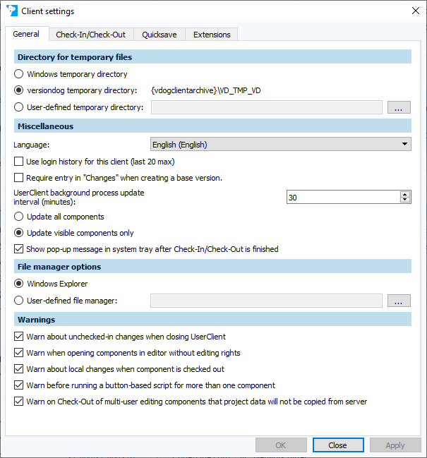 Figure: Client settings dialog, General tab