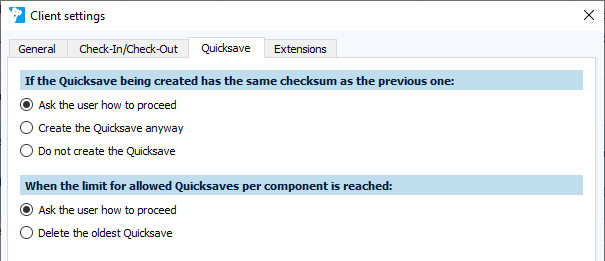 Figure: Client settings dialog, Quicksave tab