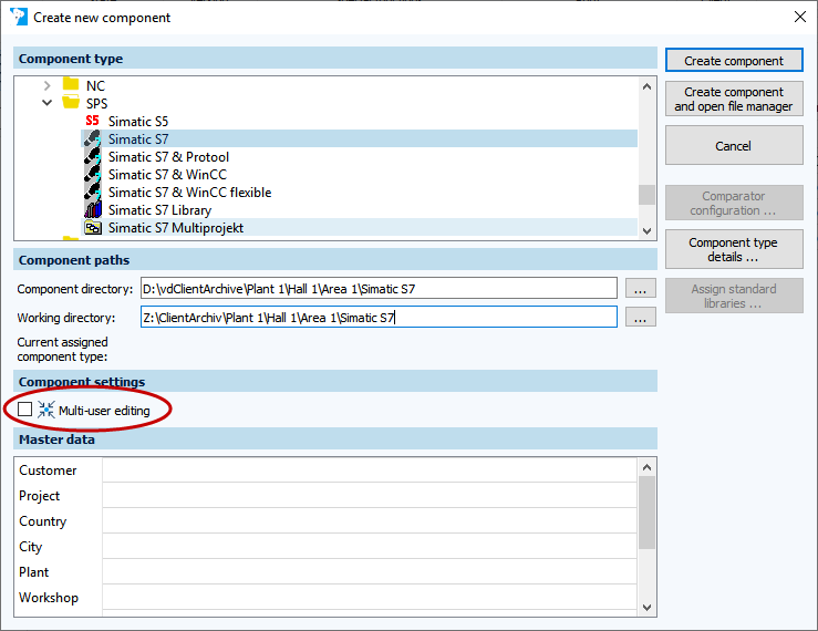 Figure: Create new component dialog, Multi-user editing activated