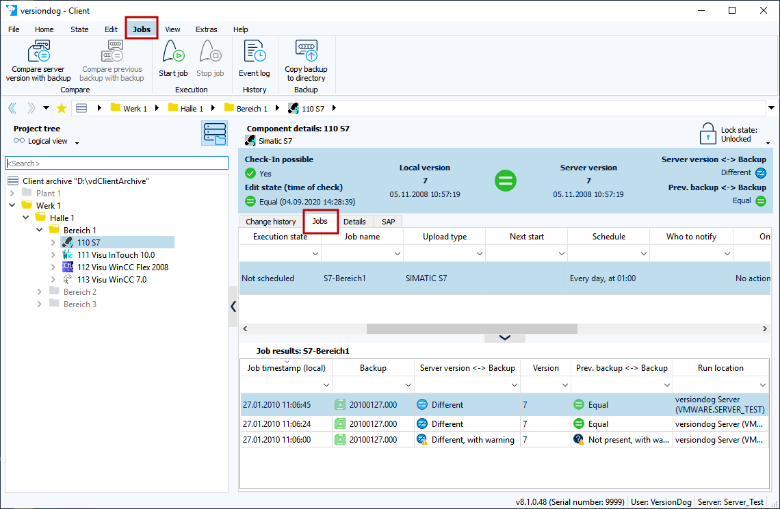 Figure: Component details area, Jobs tab