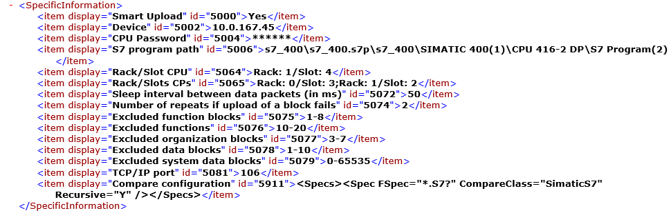 Imagen: Configuración de tareas, archivo XML, elemento SpecificInformation