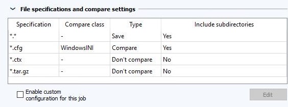 Imagen: Sección de Configuración de la tarea, Especificaciones del archivo y Configuraciones del comparador