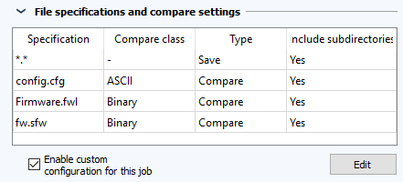 Imagen: Sección de Configuración de la tarea, Especificaciones del archivo y Configuraciones del comparador