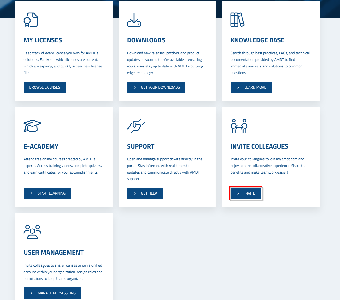 Imagen: página de inicio de myAMDT, botón Invite Colleagues