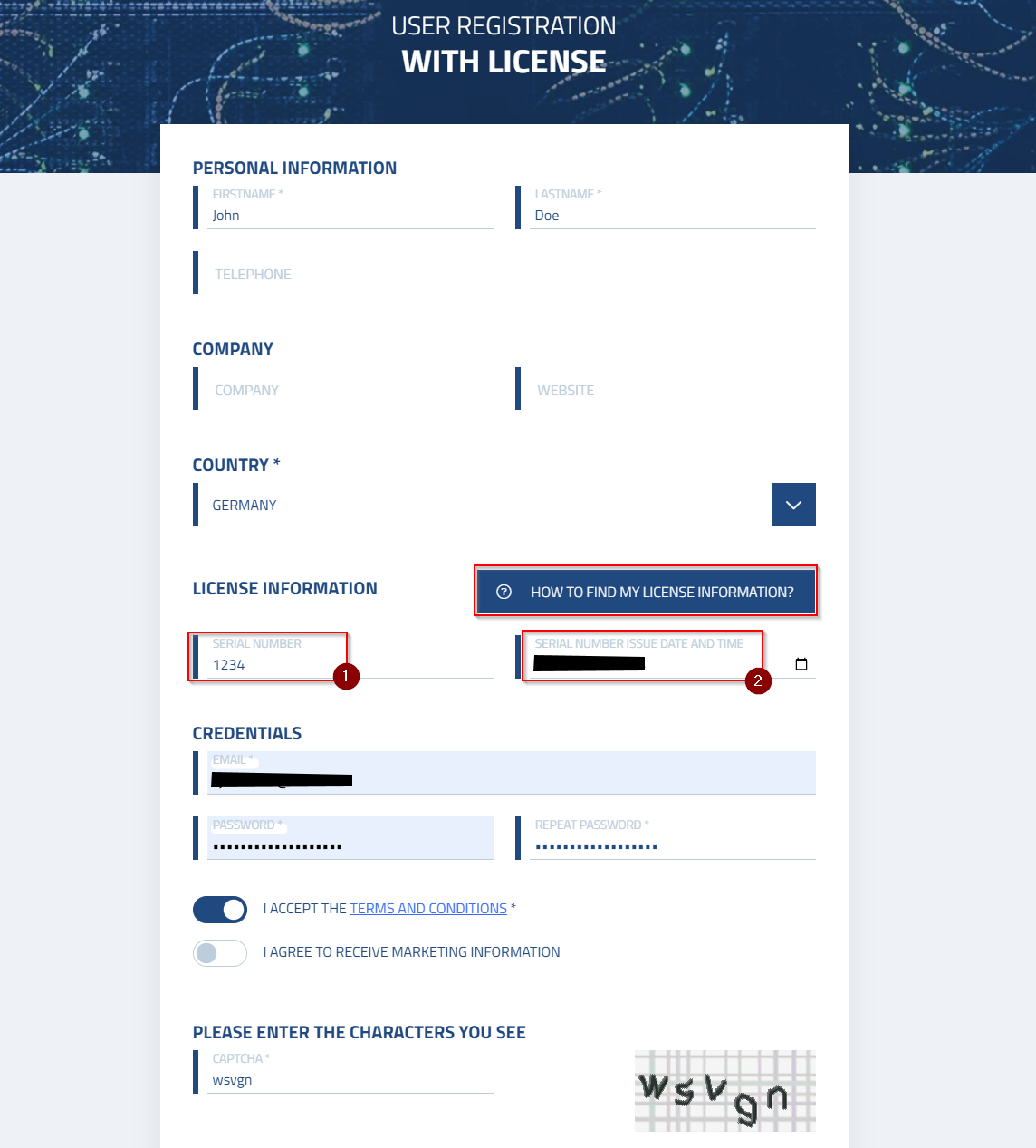 Imagen: Registrarse con una licencia existente