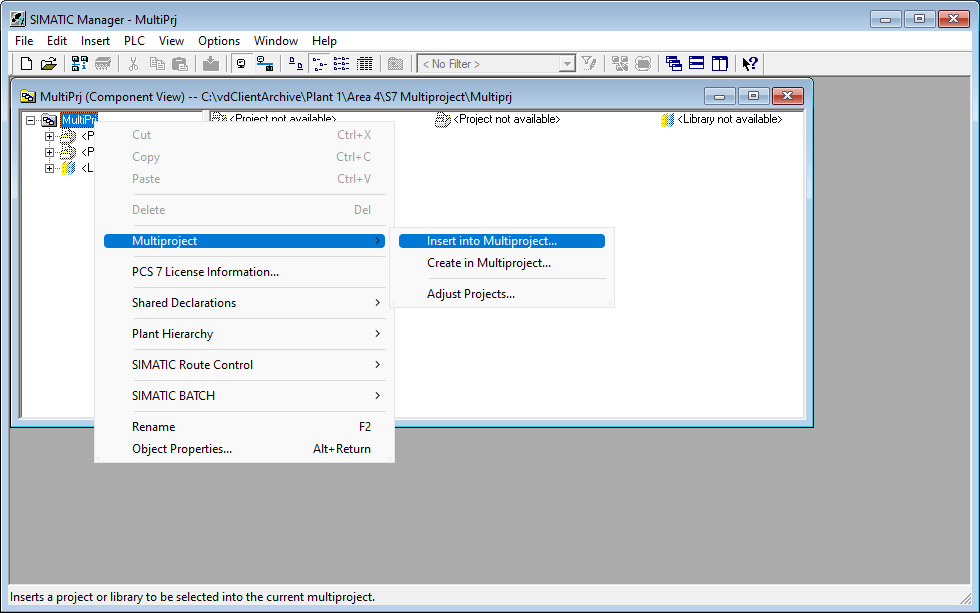 Imagen: SIMATIC Manager, opción de menú Insertar en multiproyecto