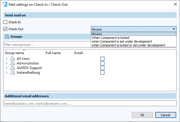 Imagen: Diálogo de configuración de correo electrónico para check-in/check-out