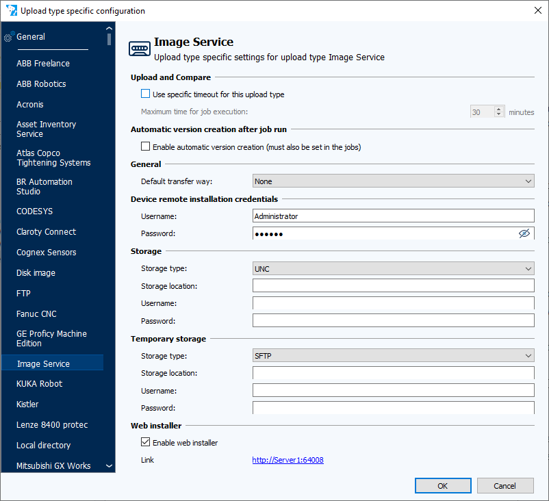 Imagen: Diálogo de configuración específica del Tipo de Carga, Pestaña Image Service