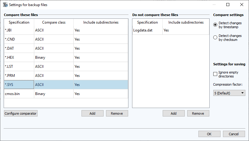 Imagen: Diálogo de configuración del archivo de copia de seguridad, Comparación de archivos *.SYS