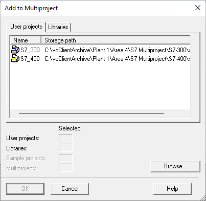 图：SIMATIC Manager，添加到多项目对话框